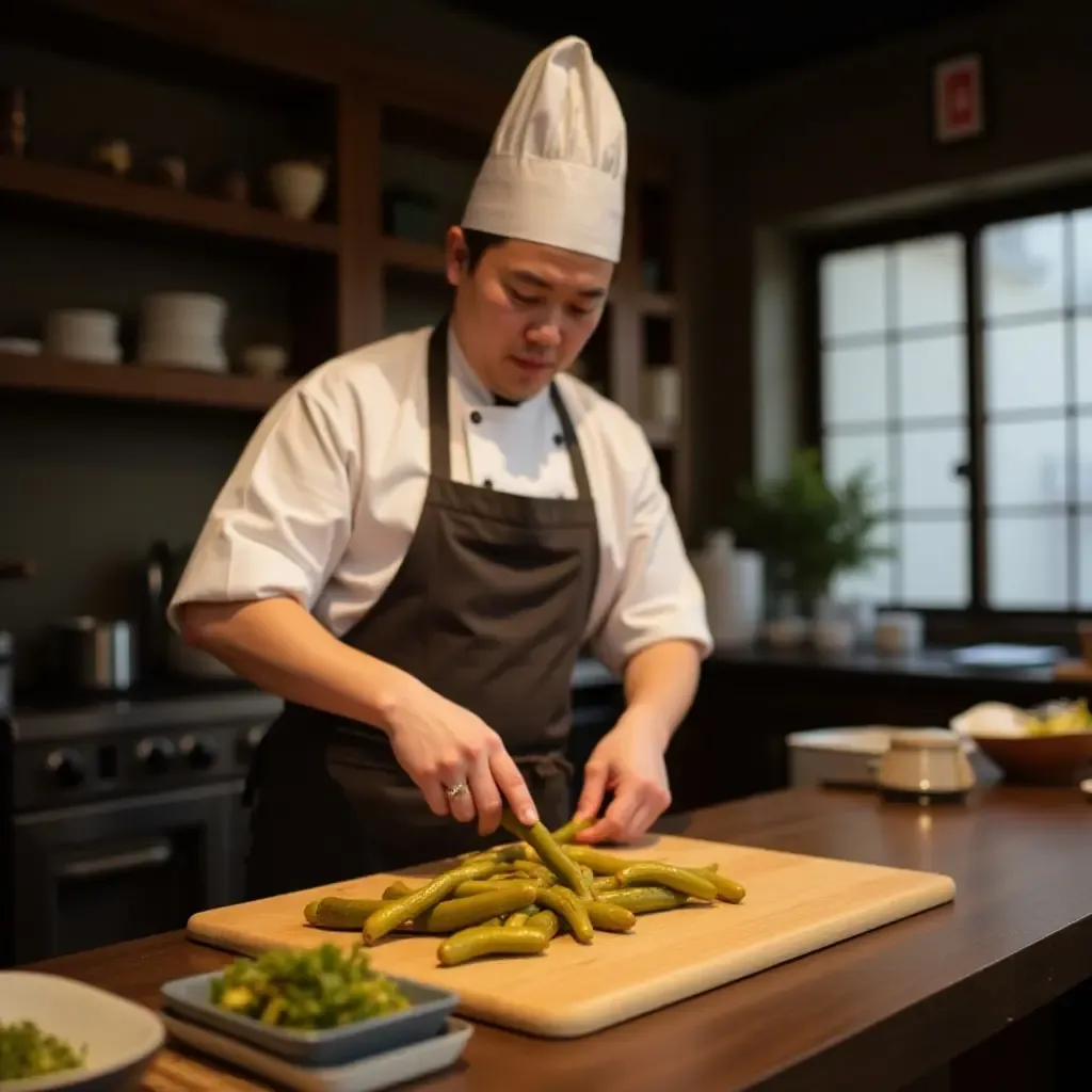 a photo of a chef preparing traditional Japanese pickles in a rustic kitchen.