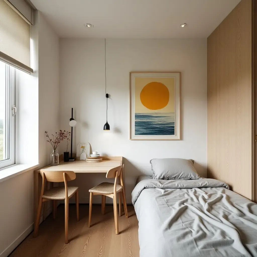 a photo of a shared bedroom with a foldable table and creative wall art