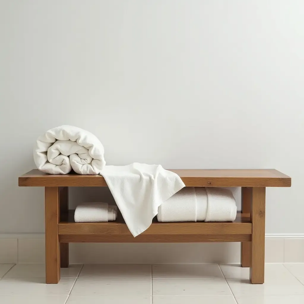 a photo of a quaint wooden bench for towel storage