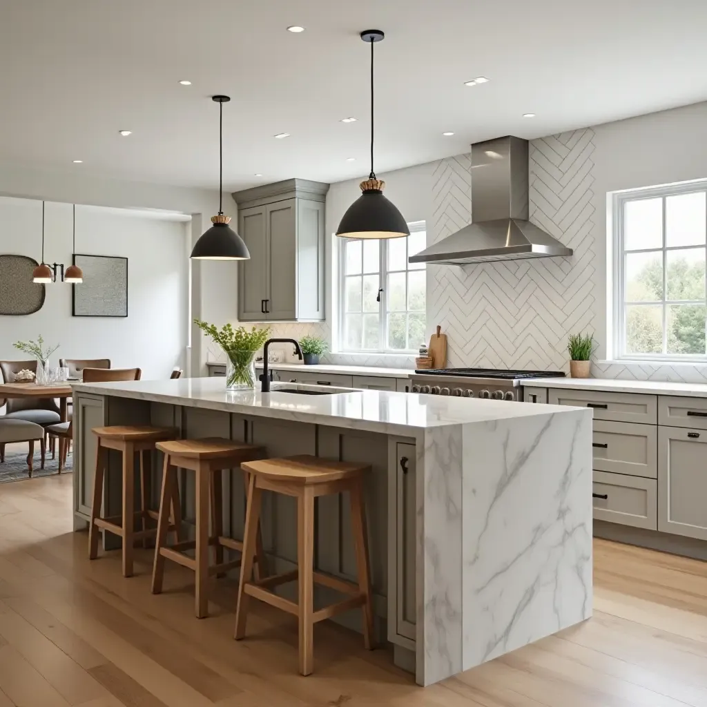 a photo of a kitchen with wooden bar stools and island