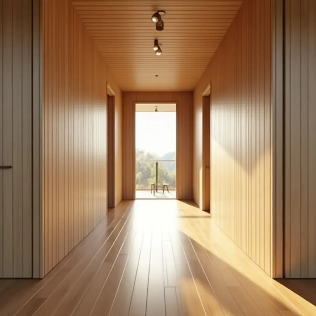 a photo of a corridor with wooden flooring and natural light