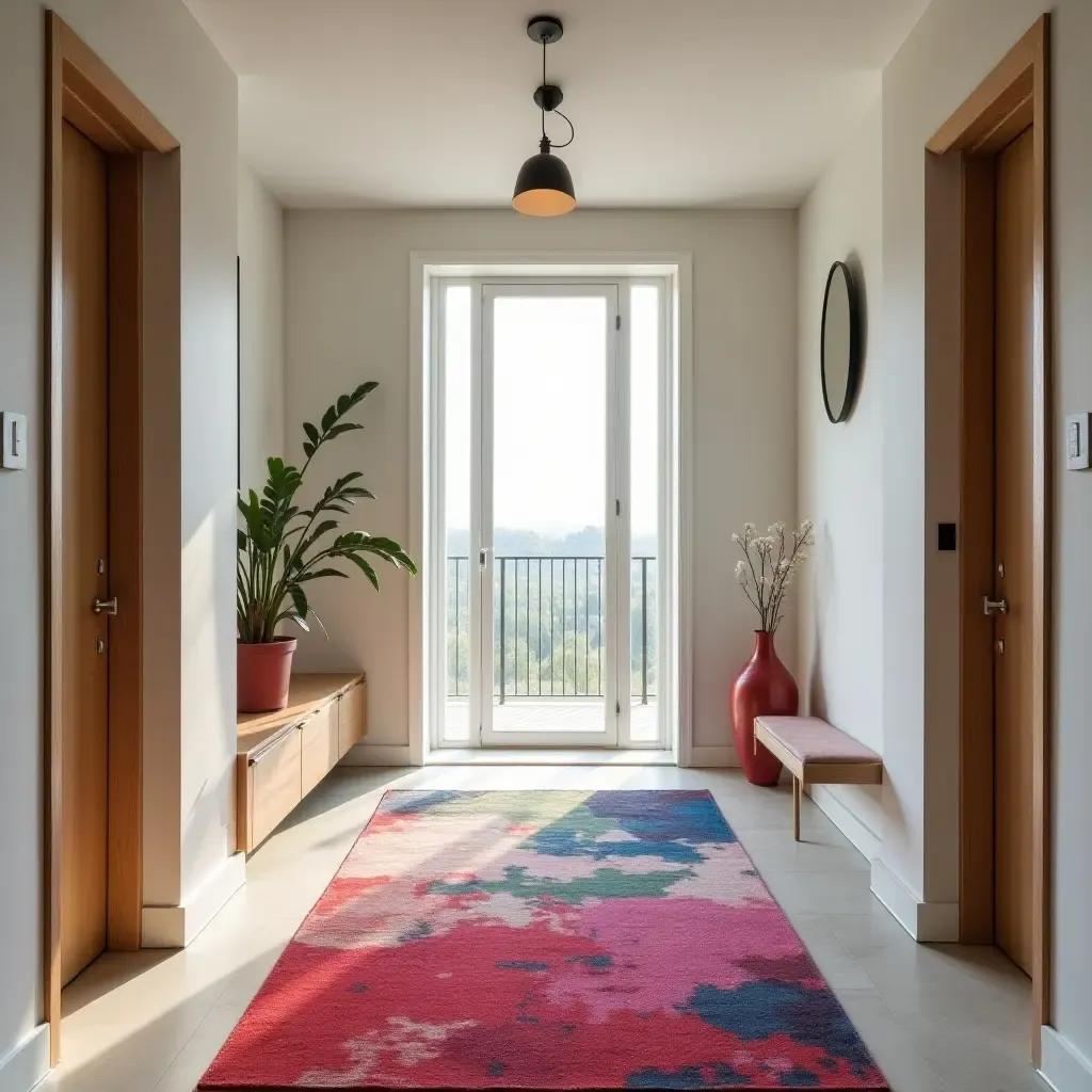 a photo of a colorful abstract rug that brightens up an entrance hall