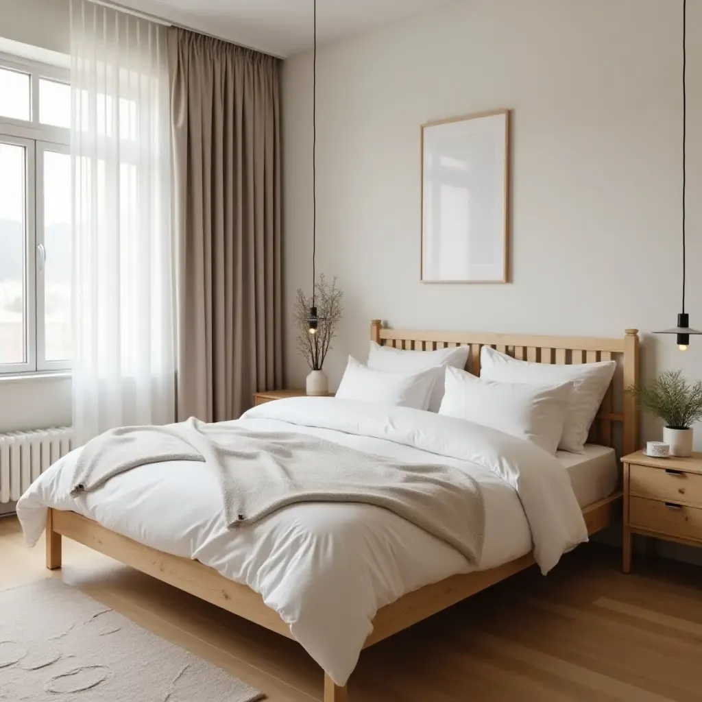 a photo of a charming bedroom with a wooden bed frame and soft linens