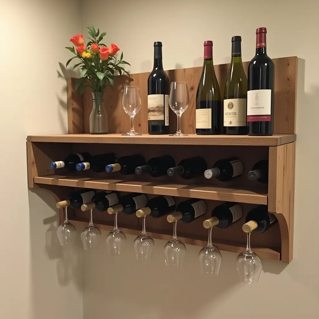 a photo of a basement shelf transformed into a wine rack with glasses