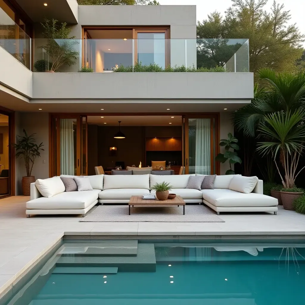 a photo of a modern lounge area with a large sectional sofa by the pool