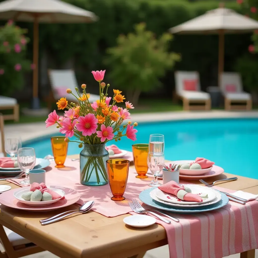 a photo of a poolside dining setup with colorful tableware and flowers