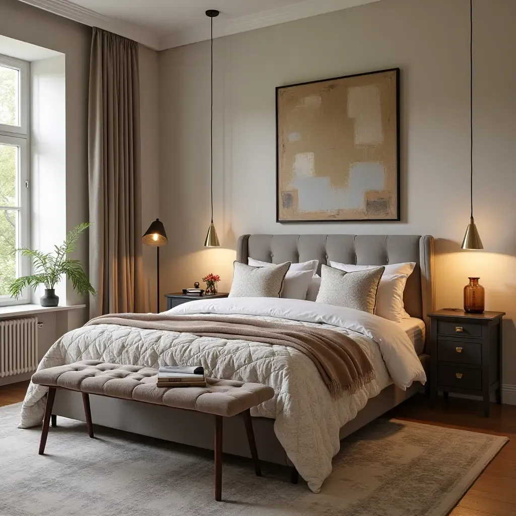 a photo of a charming bedroom with a mix of patterns and textures