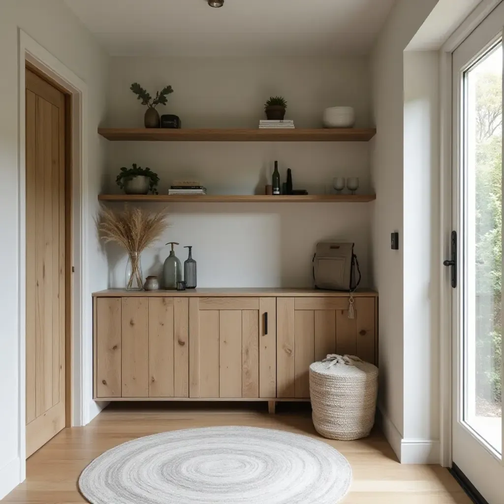 a photo of a stylish entrance hall with shelving made from reclaimed materials