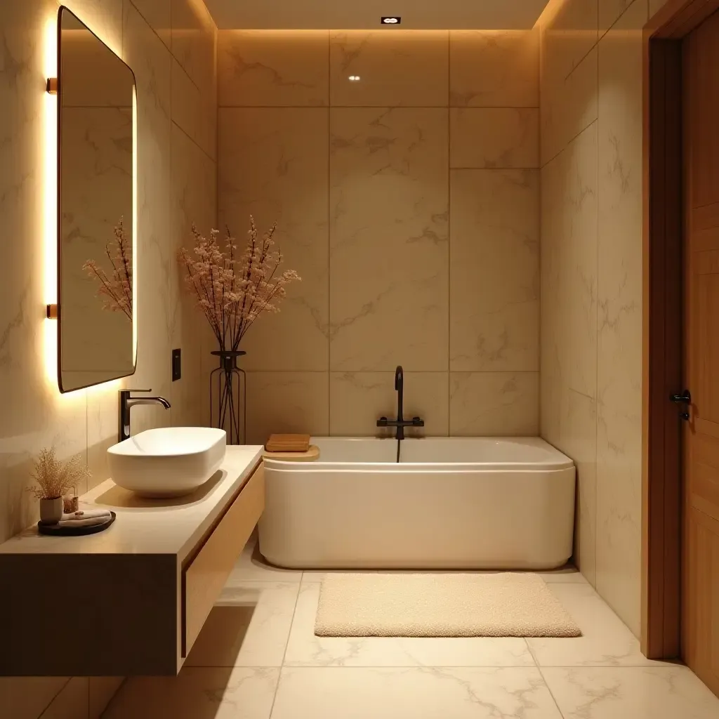 a photo of a bathroom with a warm, inviting atmosphere and decor