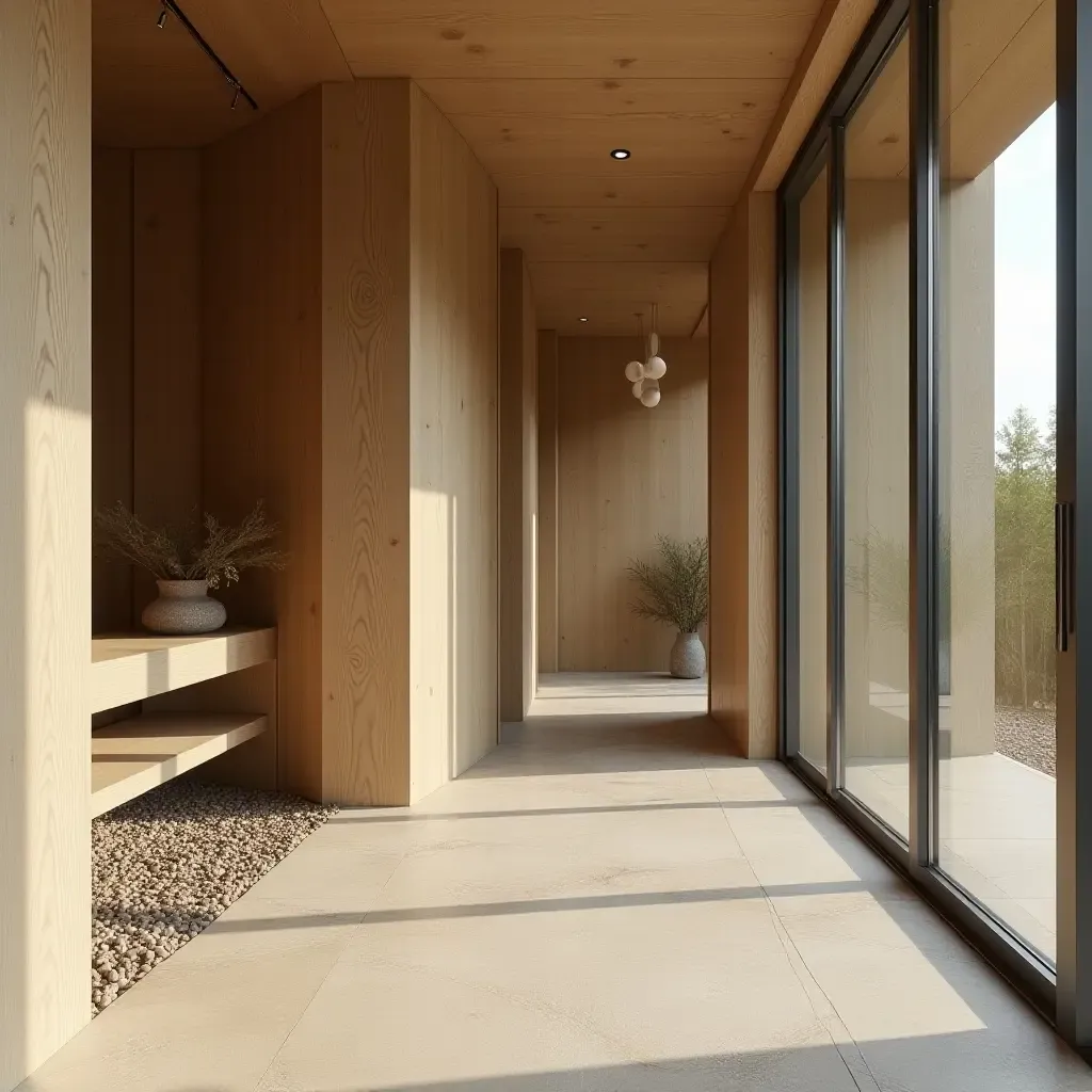 a photo of an entrance hall using natural materials for functionality