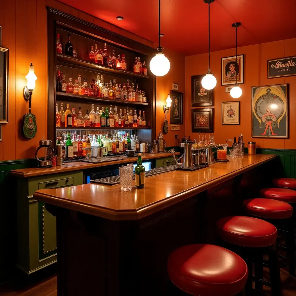 a photo of a vintage-inspired basement bar with quirky decor and colorful cocktails