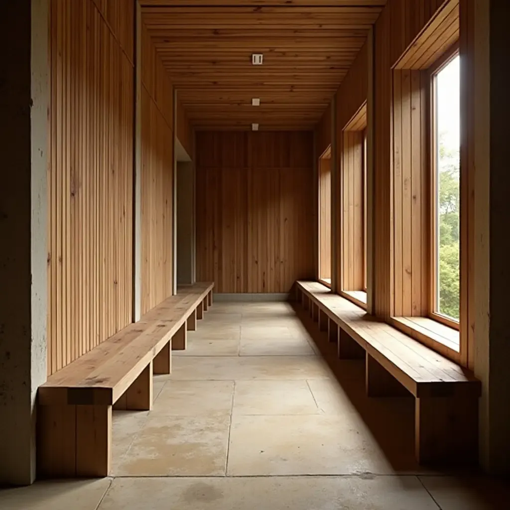 a photo of a rustic corridor with wooden storage benches