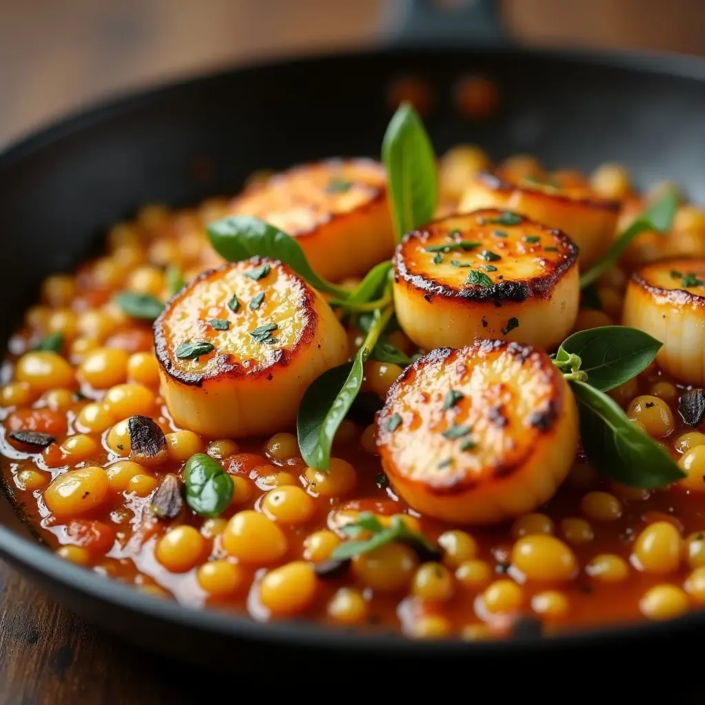 a photo of paella with black garlic and seared scallops, elegant and bold.