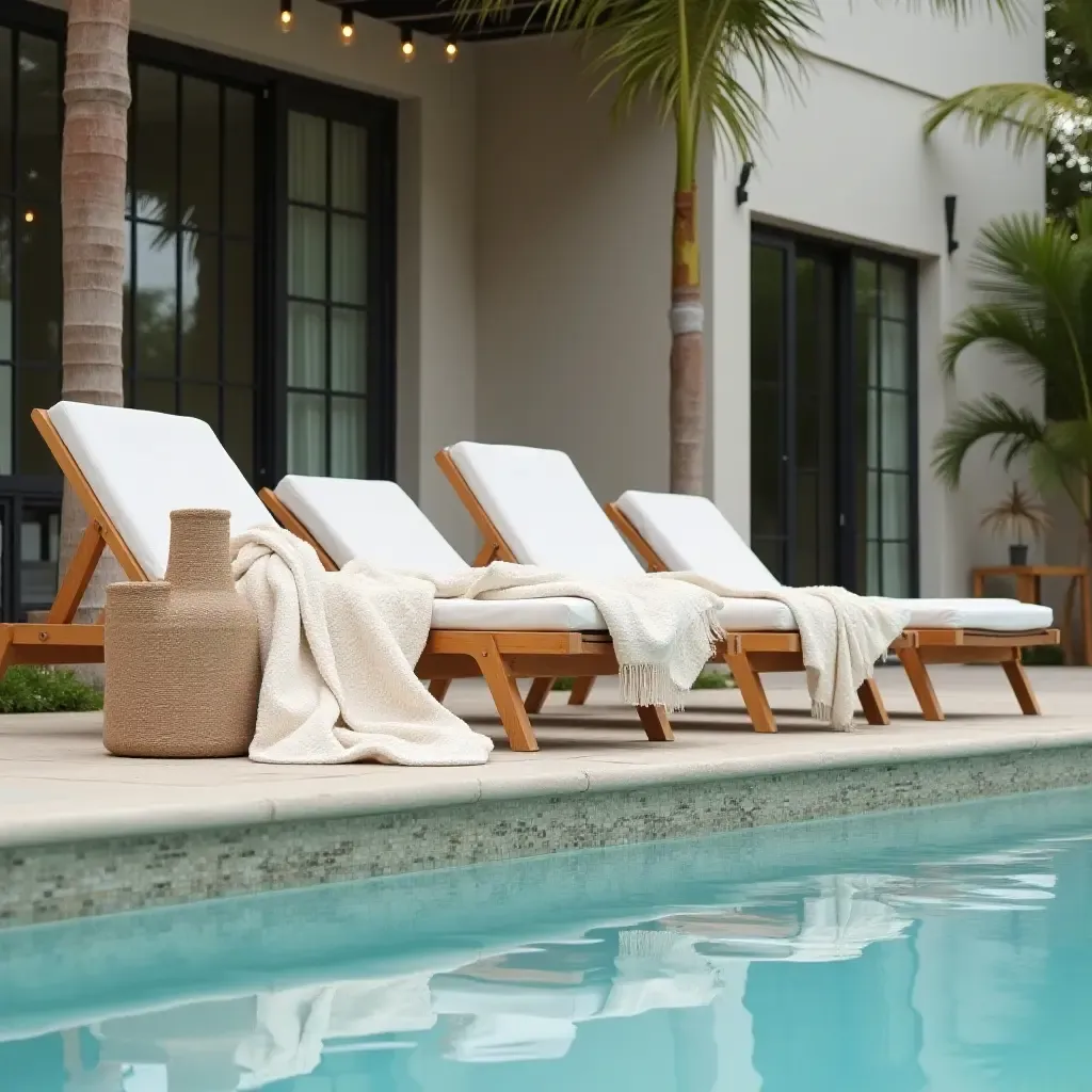 a photo of a relaxing poolside scene with soft fabric throws, wooden sun loungers, and brushed metal decor