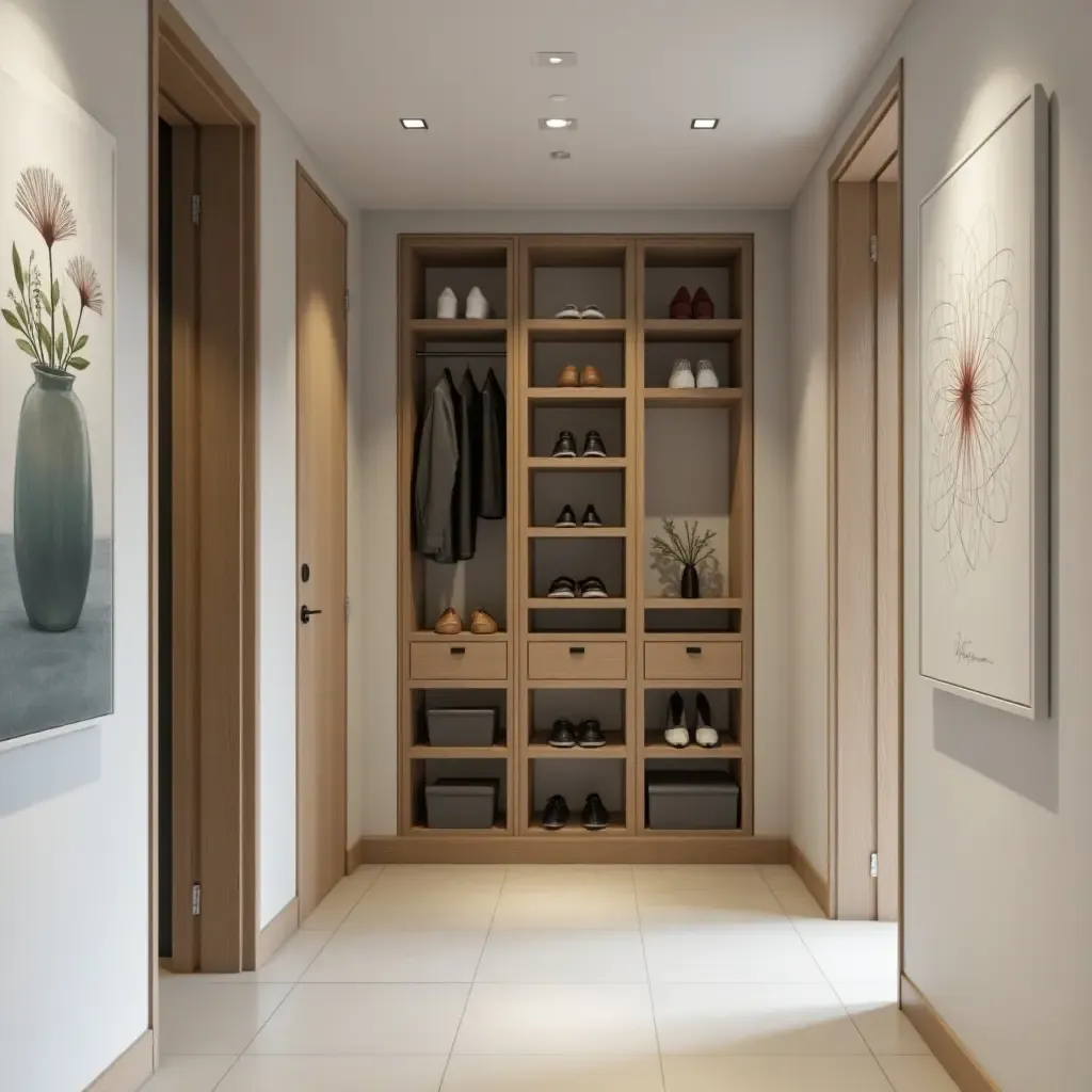 a photo of a modern corridor with a stylish shoe cabinet and wall art