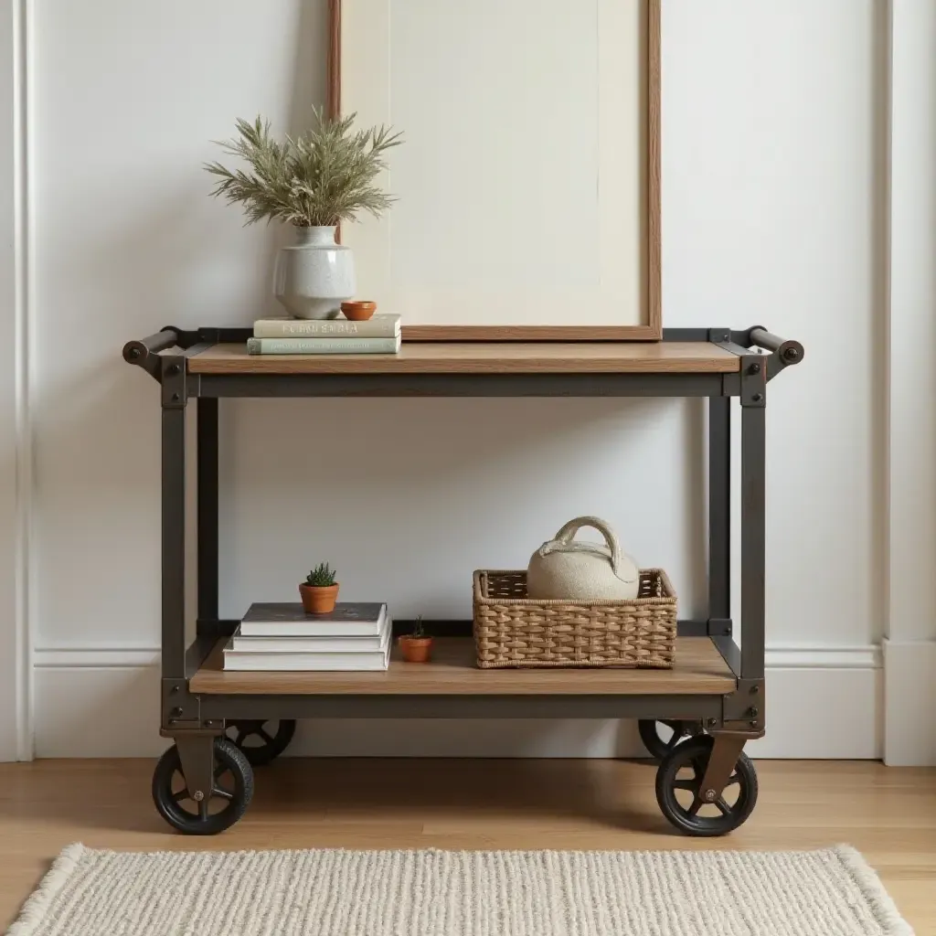 a photo of a vintage industrial cart used as a side table