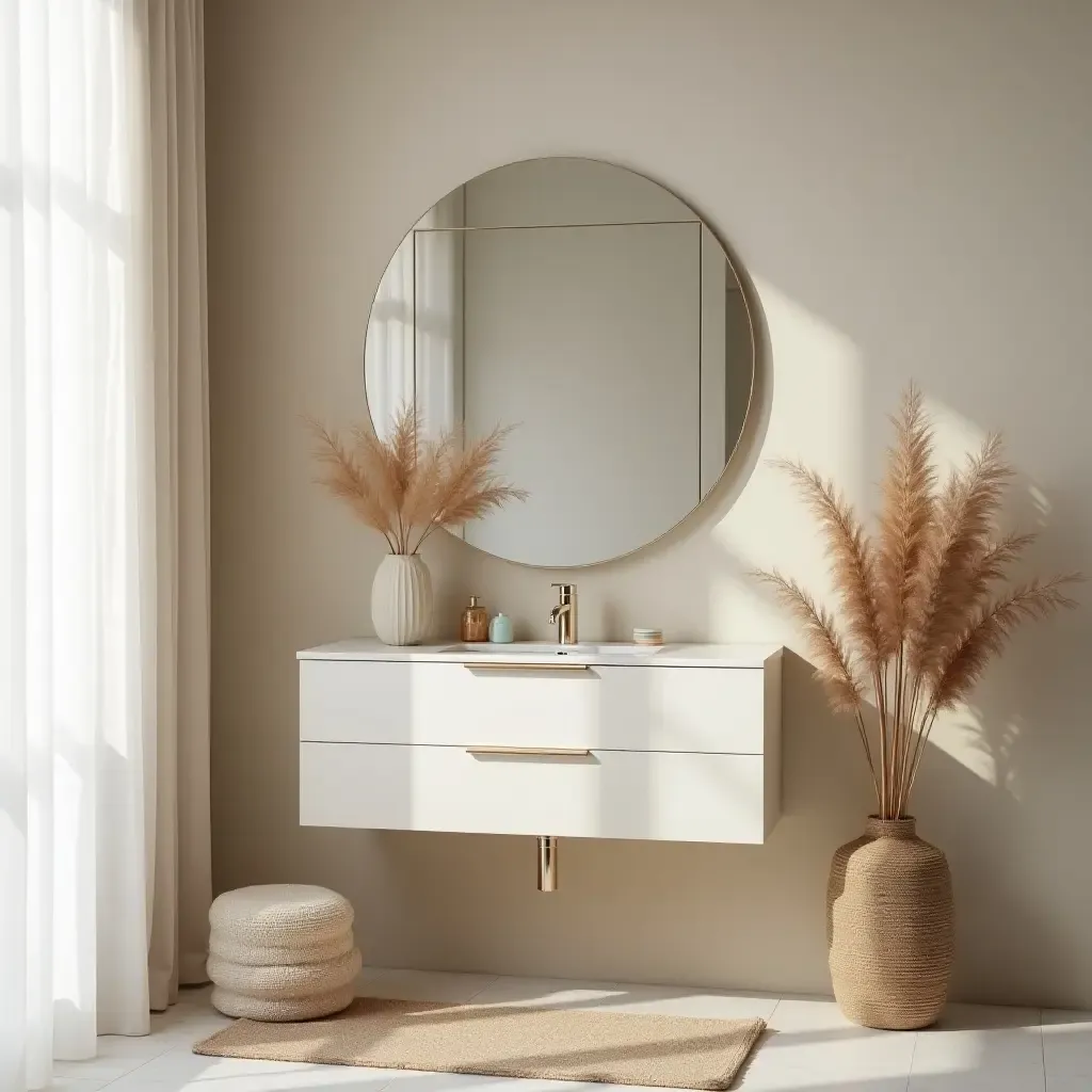 a photo of a serene vanity space with calming colors and natural elements