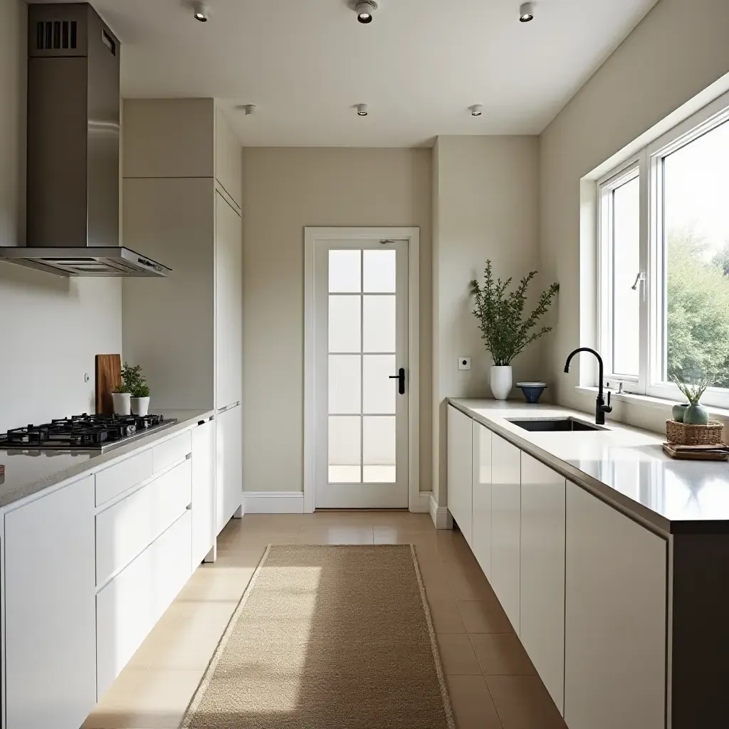 a photo of a sleek kitchen with a runner rug along the counter