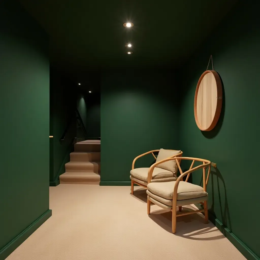 a photo of a basement showcasing a mix of deep forest green and sandy beige