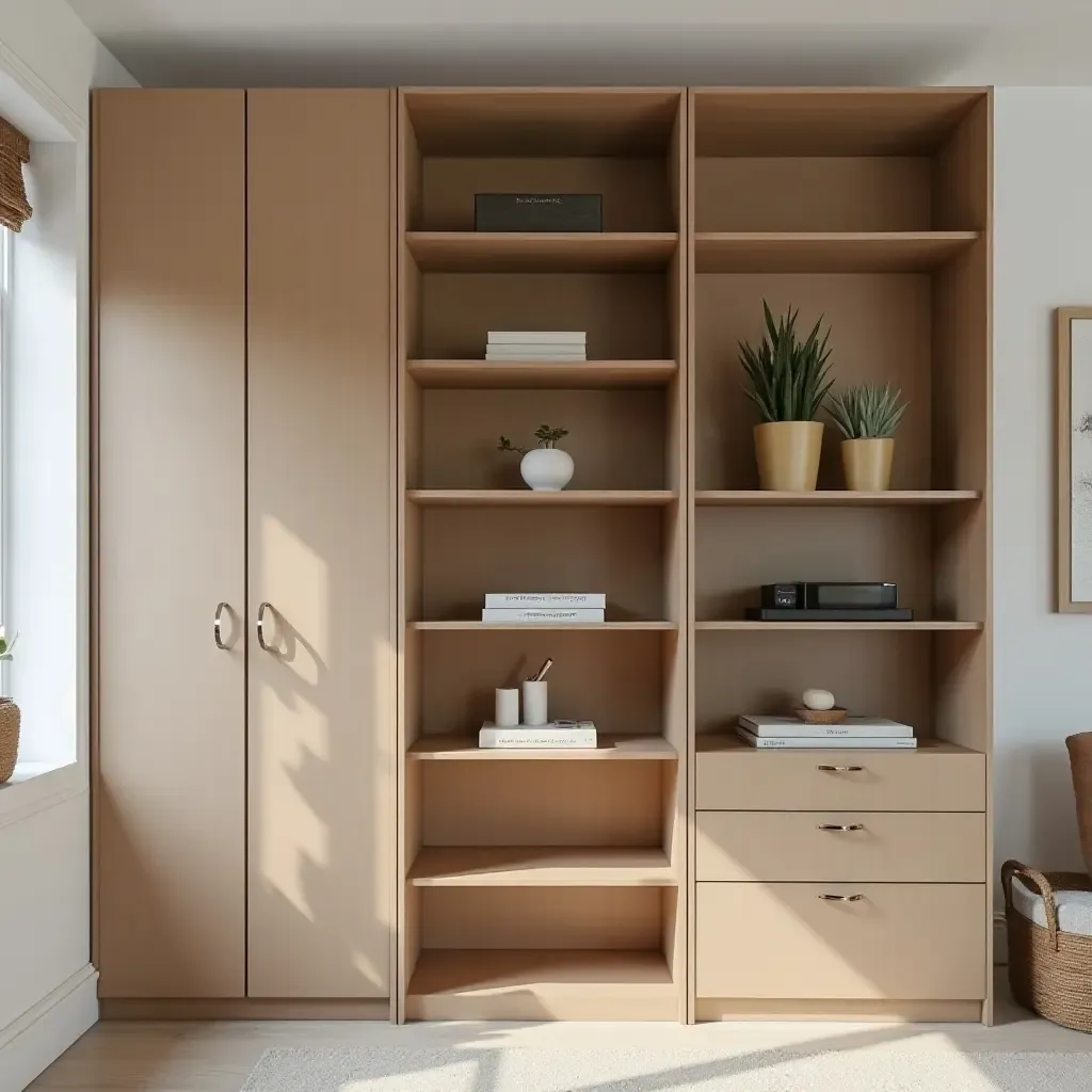 a photo of a trendy room divider with built-in storage shelves