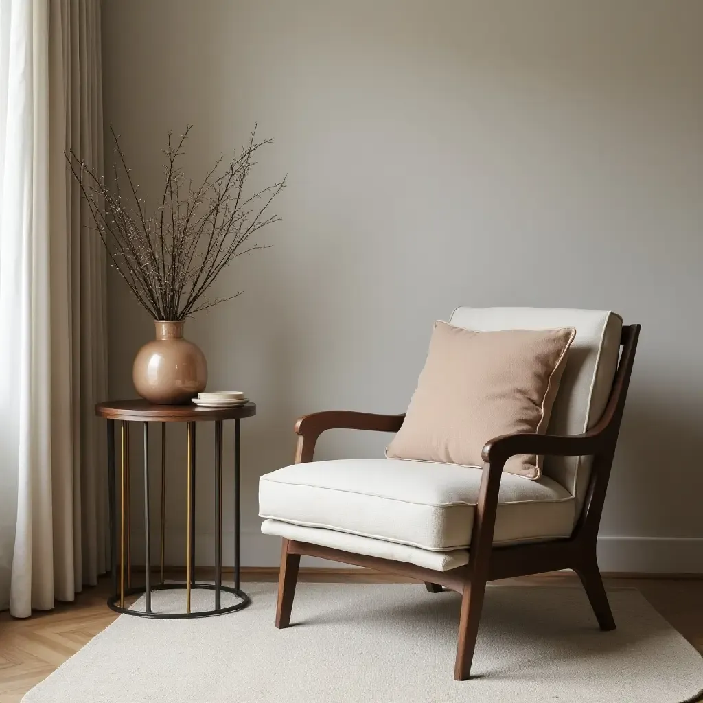 a photo of a stylish armchair paired with a decorative side table