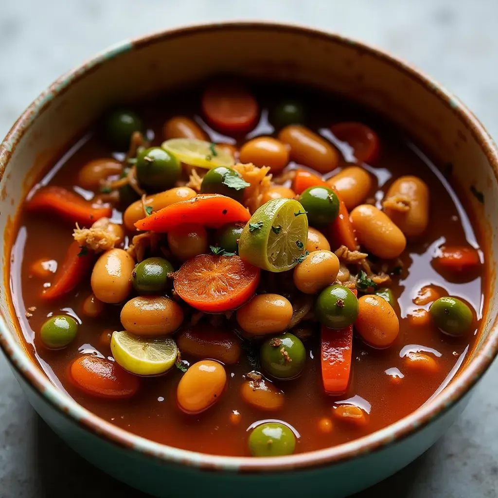 a photo of a colorful Portuguese vegetarian feijoada with beans, vegetables, and spices.