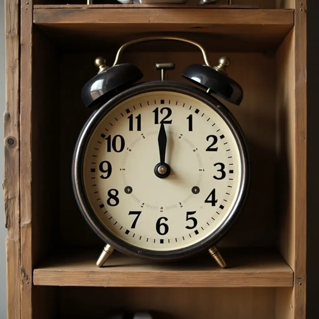 a photo of a vintage clock on a rustic wooden shelf