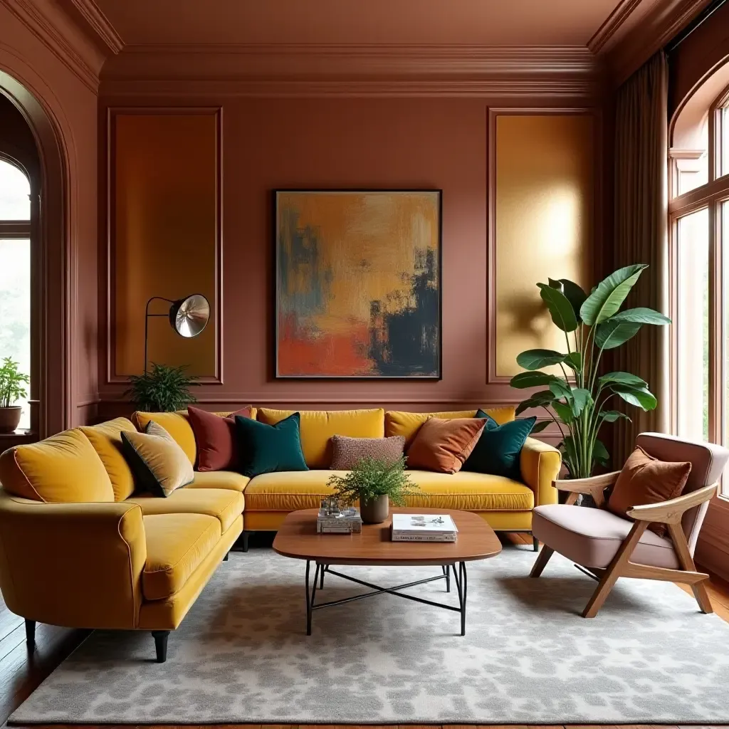 a photo of a vibrant living room with metallic accent walls and decor