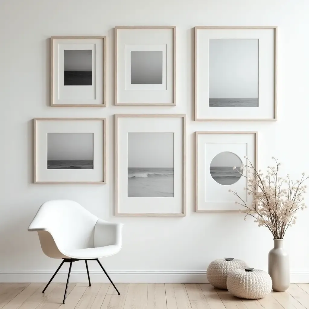 a photo of a gallery wall with black and white photography in sleek frames