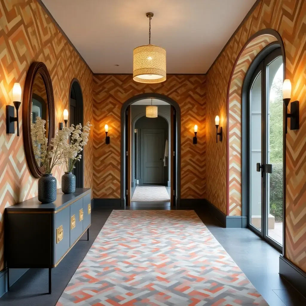 a photo of an entrance hall with bold wallpaper and statement lighting fixtures