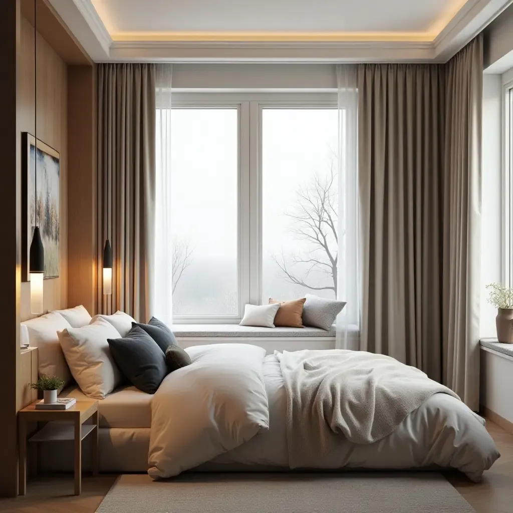 a photo of a small bedroom with a cozy window seat and modern curtains