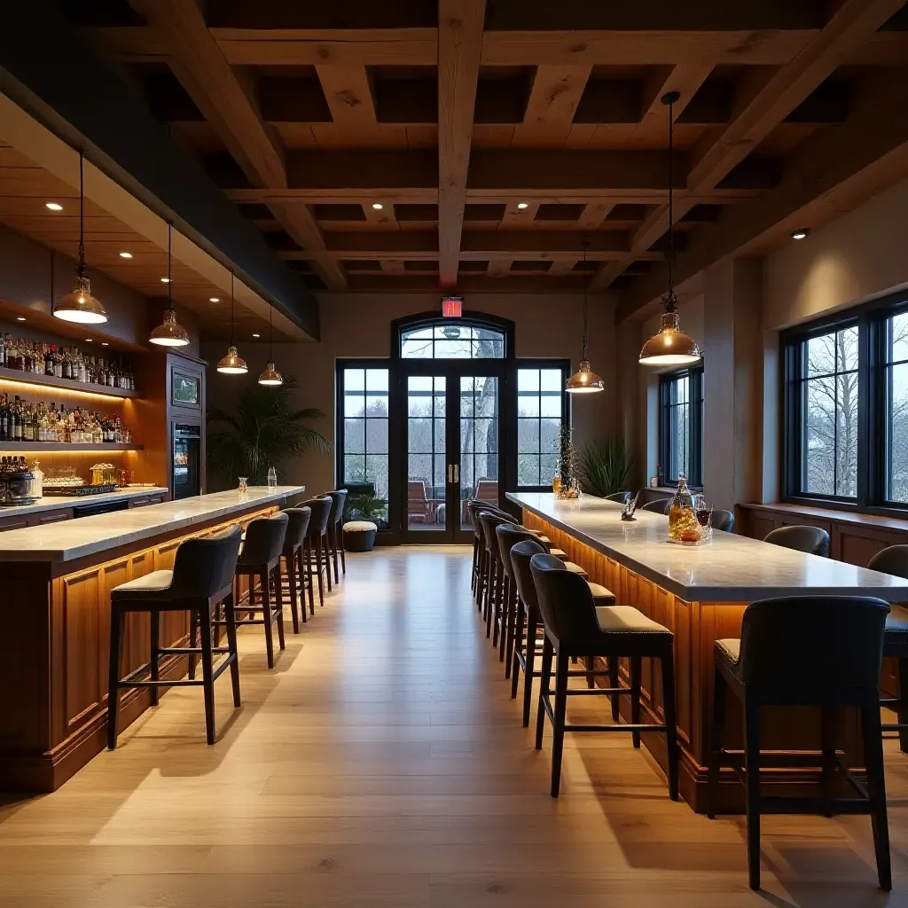 a photo of a stylish basement bar with an open concept and large windows