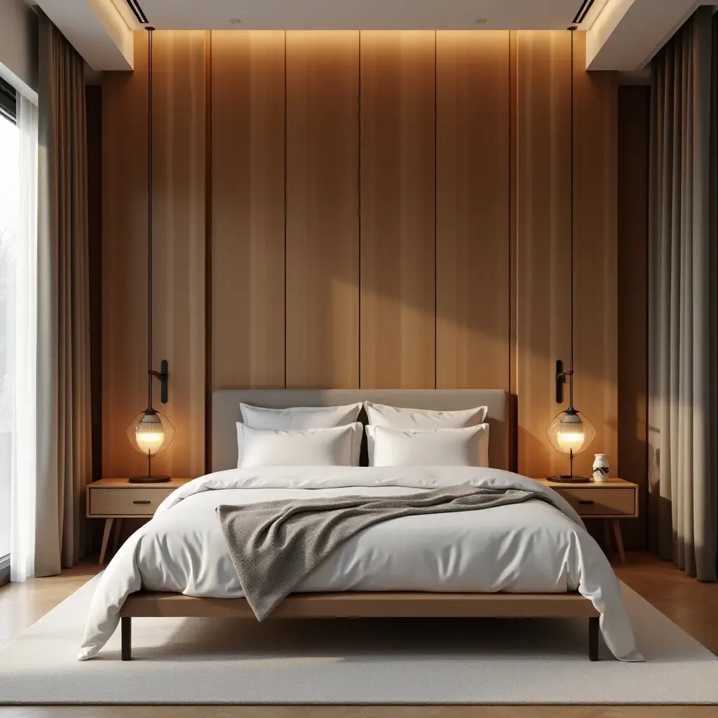 a photo of a custom woodwork design behind a bed in an artisanal bedroom