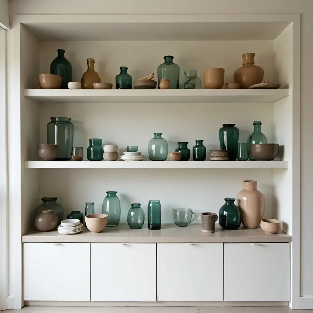 a photo of open shelving displaying a collection of unique glassware and ceramics