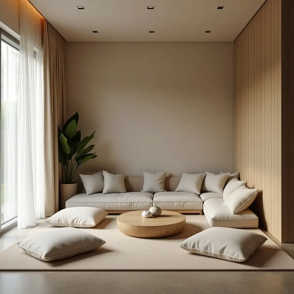 a photo of a small living room with a sunken seating area and floor cushions for a relaxed vibe