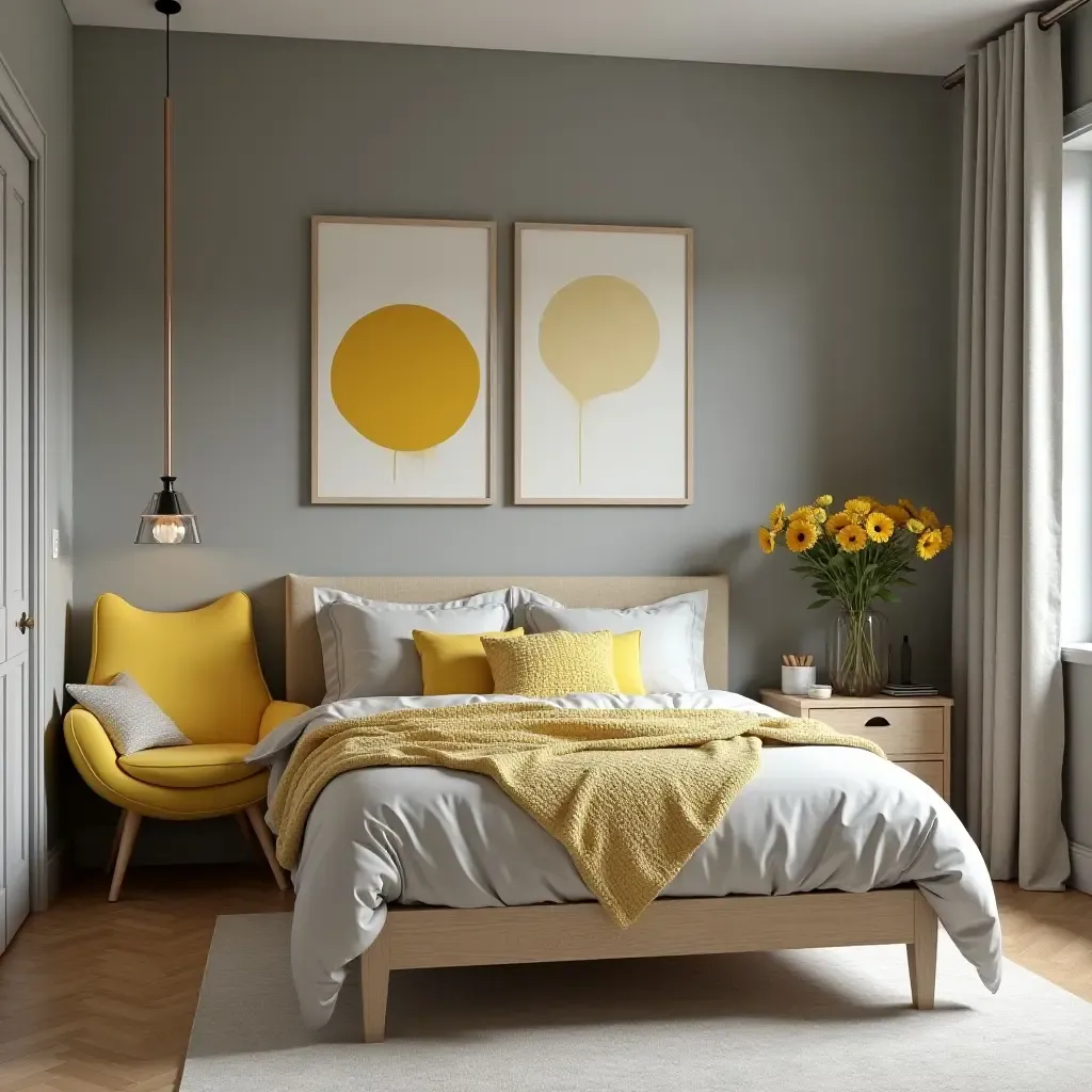 a photo of a stylish gray and yellow room for teenagers