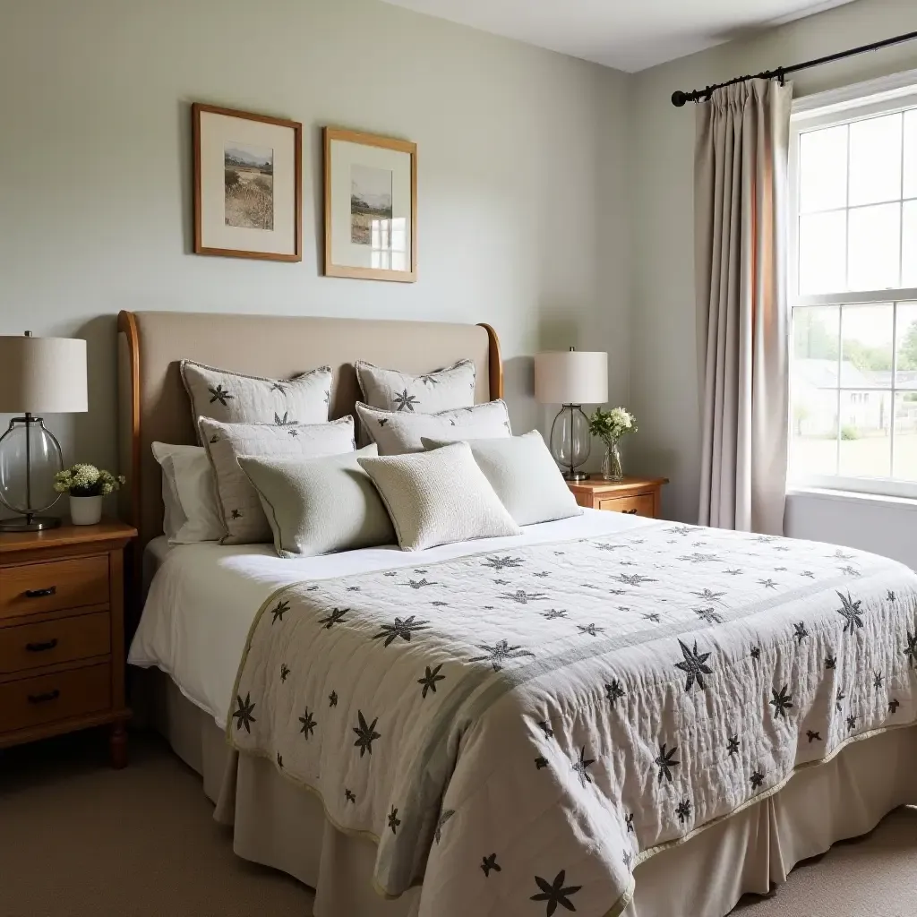 a photo of a cozy farmhouse bedroom with a decorative quilt and pillows