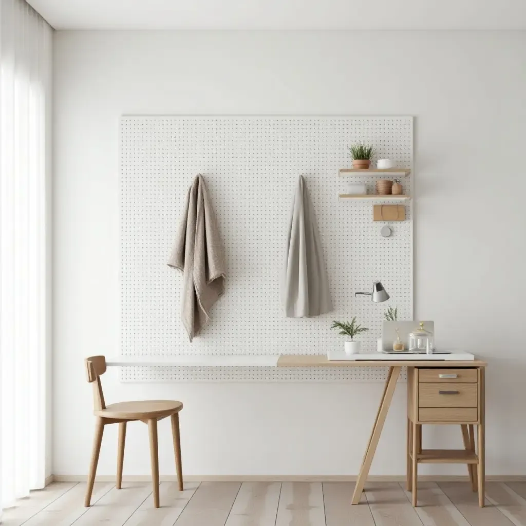 a photo of a minimalist room showcasing pegboard organization ideas