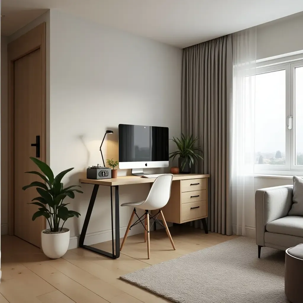 a photo of a small living room with a compact workspace