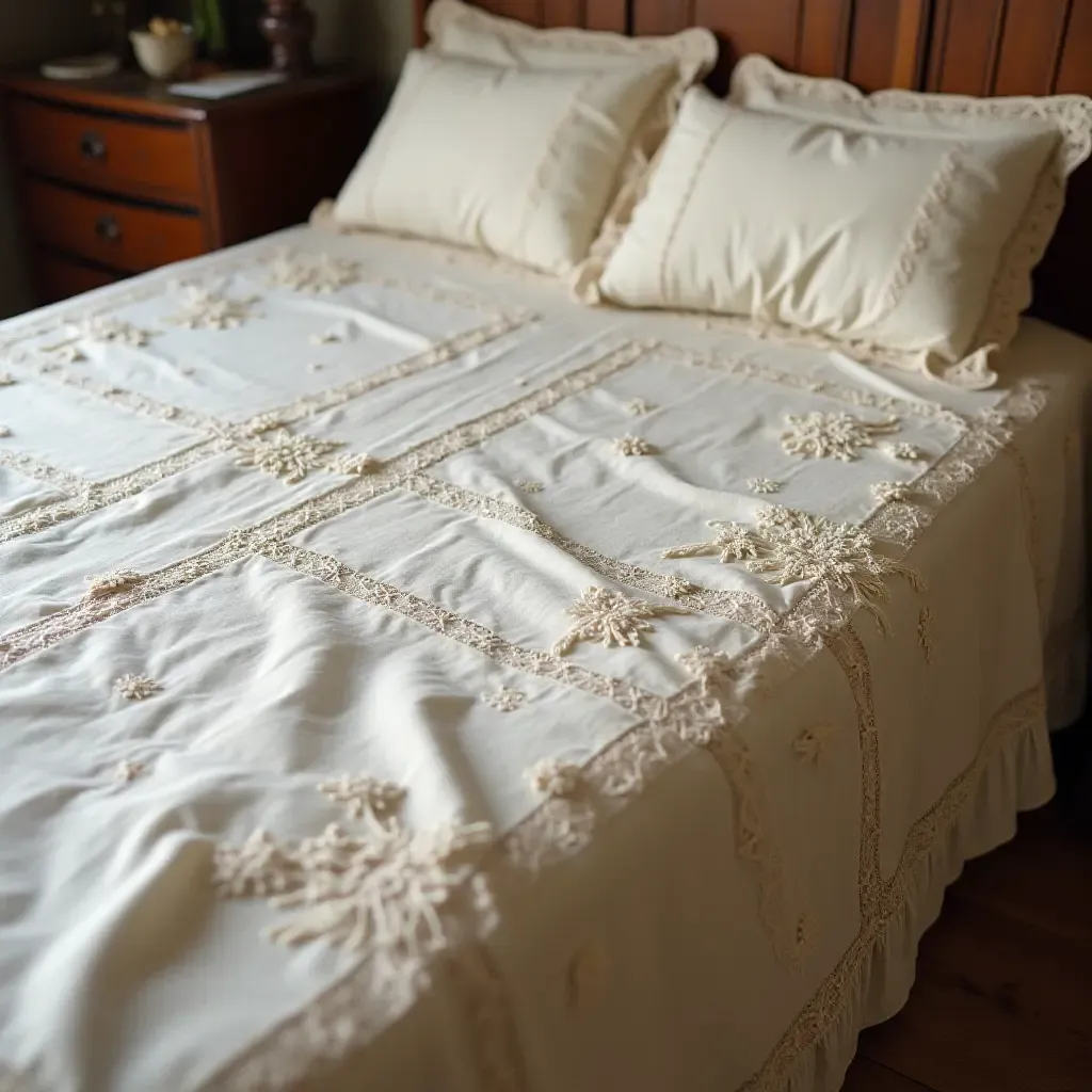 a photo of an old-fashioned bedspread with intricate embroidery and lace details