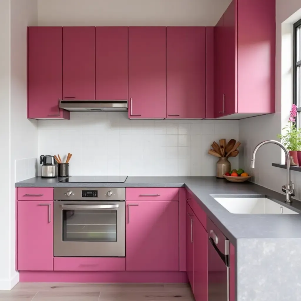 a photo of bold fuchsia and soft gray kitchen cabinets