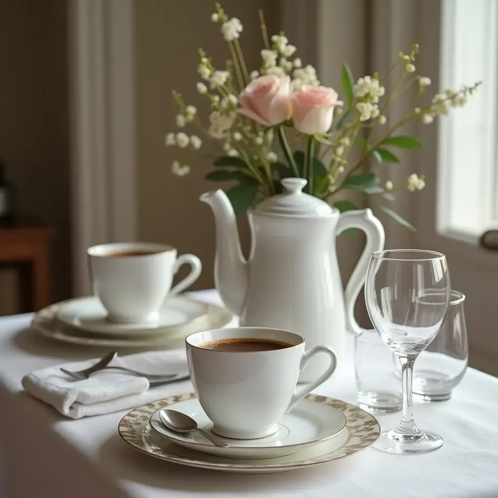 a photo of an elegant coffee station with fine china and delicate glassware