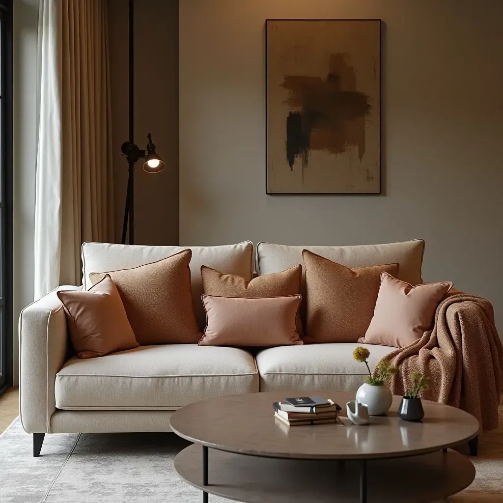 a photo of a luxurious living room with silk throw pillows on an elegant sofa