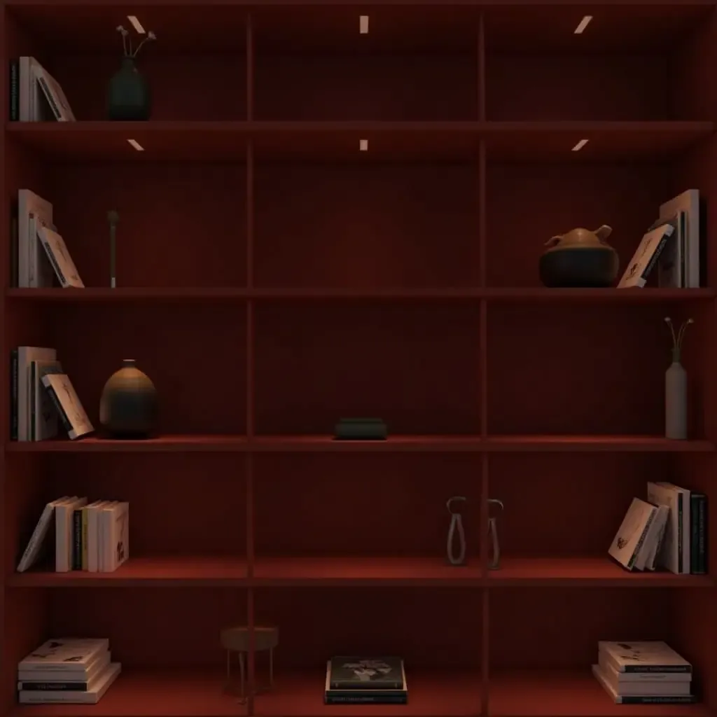 a photo of a burgundy bookshelf filled with decorative items