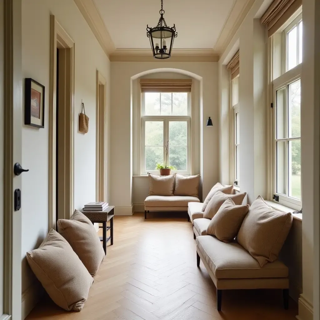 a photo of a cozy corridor with throw pillows creating a reading nook