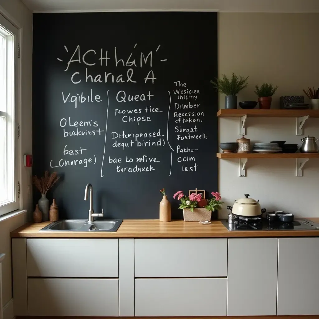 a photo of a kitchen with a chalkboard wall for notes