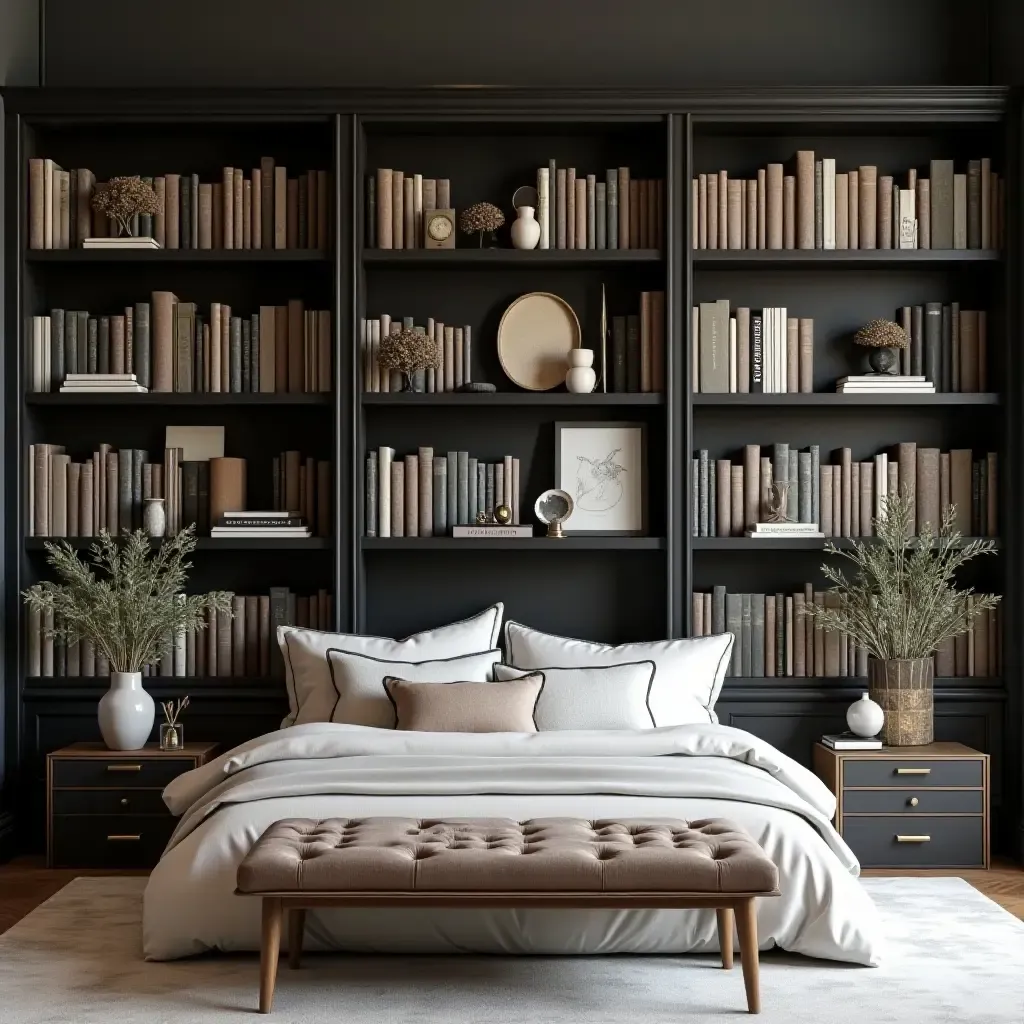 a photo of a classic bookshelf filled with books and decor in a bedroom