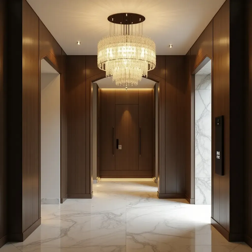 a photo of a dramatic entrance hall with large statement pendant lighting