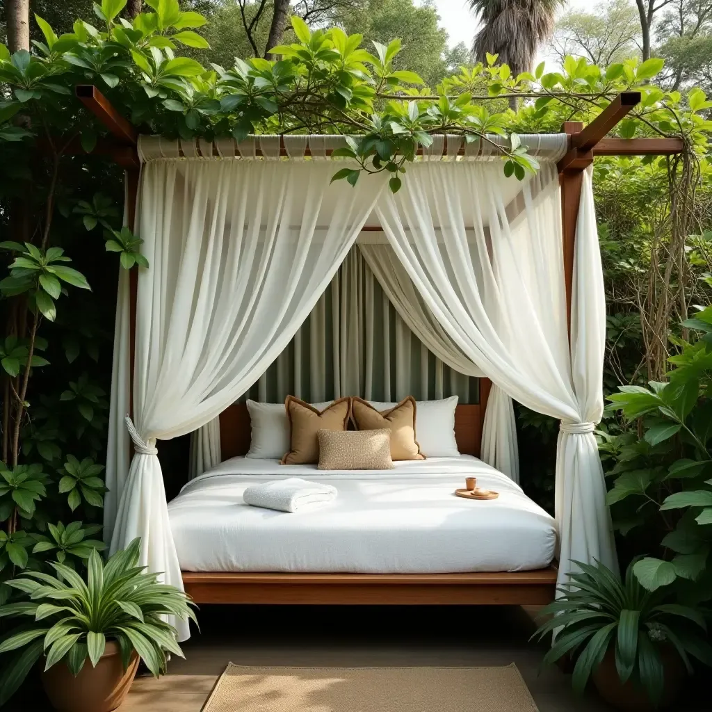 a photo of a dreamy canopy bed surrounded by lush greenery