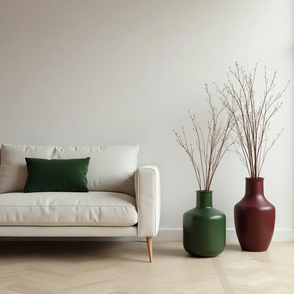 a photo of a minimalistic living room with green and burgundy decorative vases